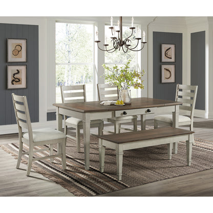 Farmington 6PC Standard Height Dining Set in Medium Brown and Washed Stone-Rectangular Table, Four Chairs & Storage Bench