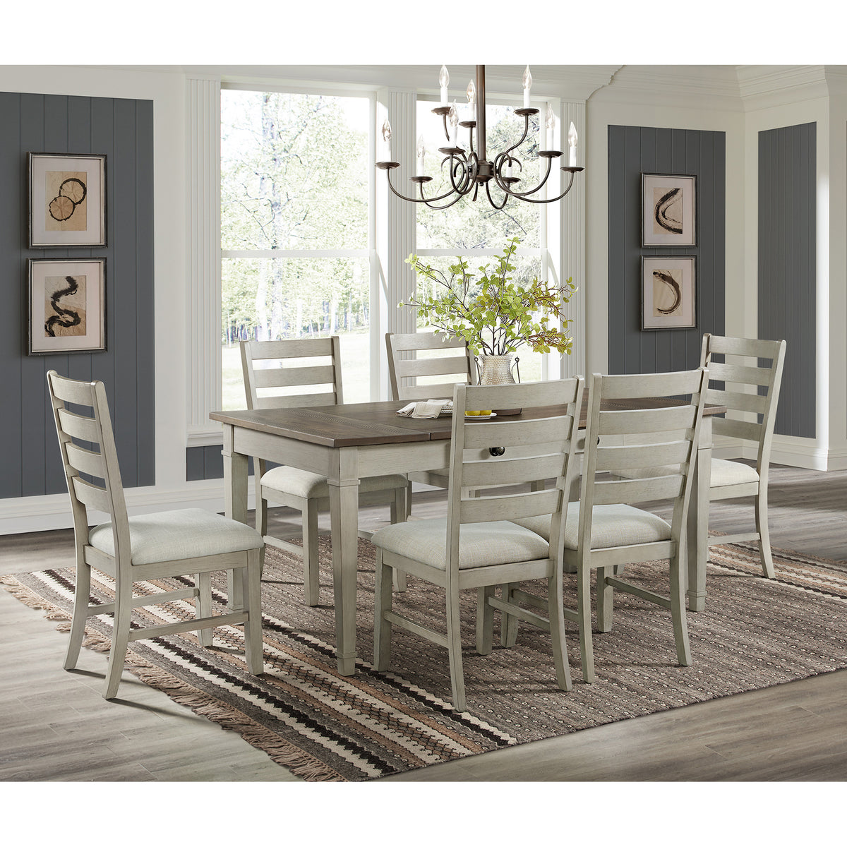 Farmington 7Pc Standard Height Dining Set In Medium Brown And Washed Stone-Rectangular Table And Six Chairs