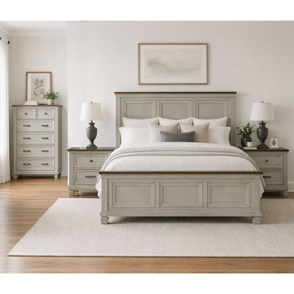 Farmington King 4PC Bedroom Set with 2 Nightstands & Chest in Medium Brown and Washed Stone