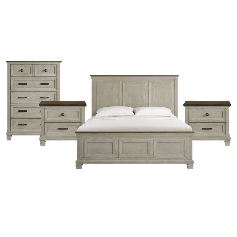 Farmington King 4PC Bedroom Set with 2 Nightstands & Chest in Medium Brown and Washed Stone