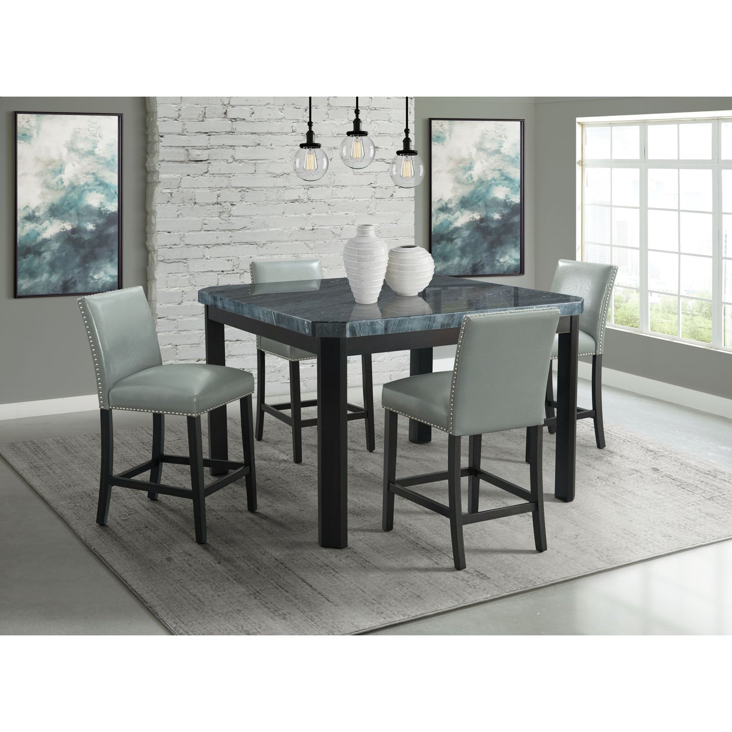 Francesca Grey Marble Square 5PC Counter Height Dining Set-Table & Four Grey PU Chairs