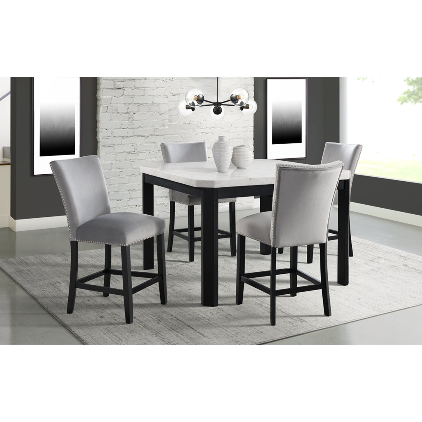 Francesca White Marble Square 5PC Counter Height Dining Set-Table & Four Grey Velvet Chairs
