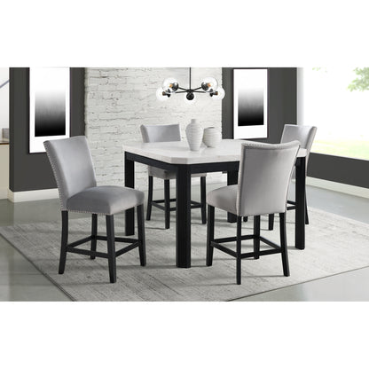 Francesca White Marble Square 5PC Counter Height Dining Set-Table & Four Grey Velvet Chairs