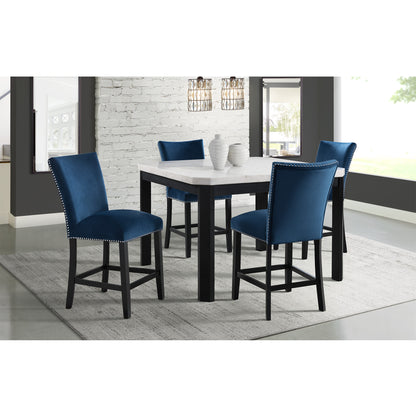 Francesca White Marble Square 5PC Counter Height Dining Set-Table & Four Blue Velvet Chairs