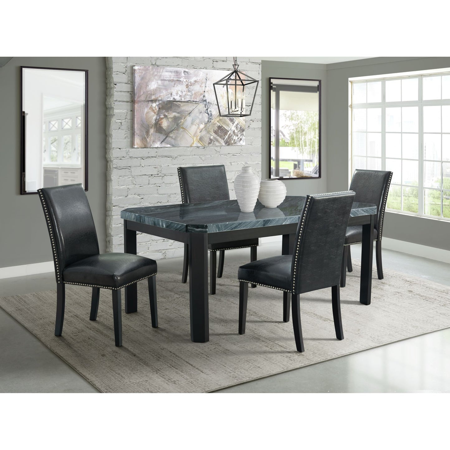 Francesca Grey Marble Rectangular 5PC Dining Set-Table & Four Black PU Chairs