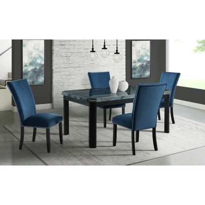 Francesca Grey Marble Rectangular 5PC Dining Set-Table & Four Blue Velvet Chairs