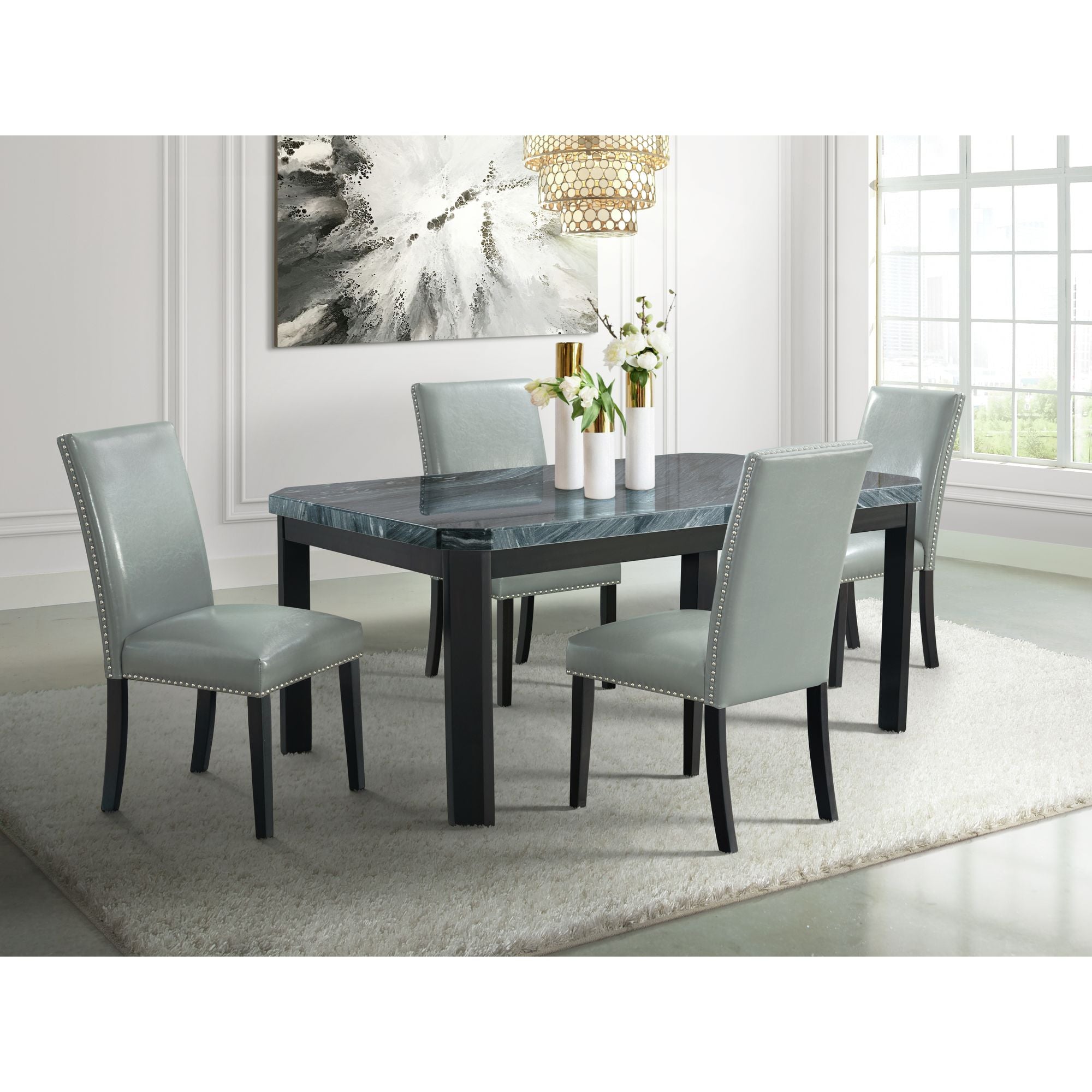 Francesca Grey Marble Rectangular 5PC Dining Set-Table & Four Grey PU Chairs