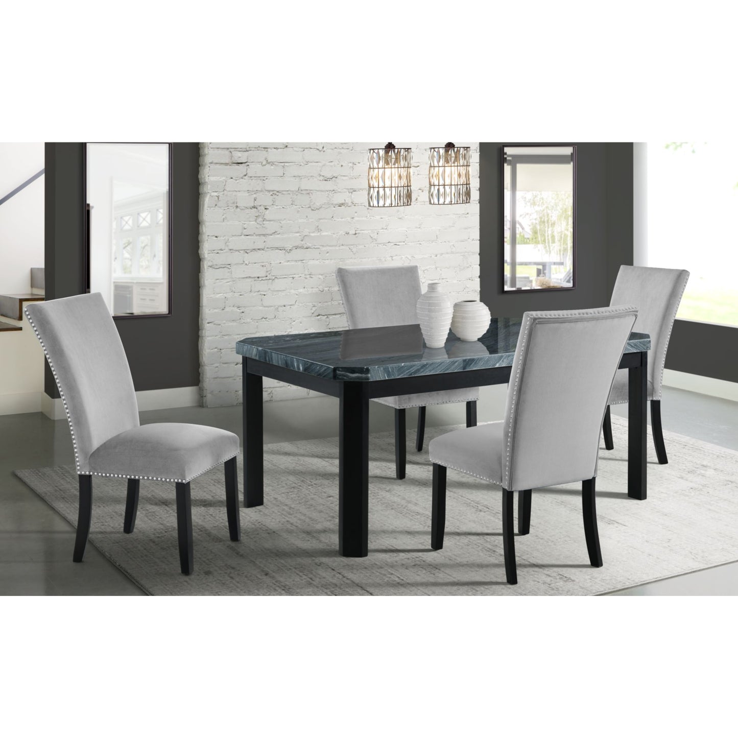 Francesca Grey Marble Rectangular 5PC Dining Set-Table & Four Grey Velvet Chairs