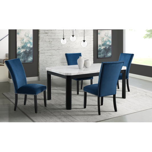Francesca White Marble Rectangular 5PC Dining Set-Table & Four Blue Velvet Chairs