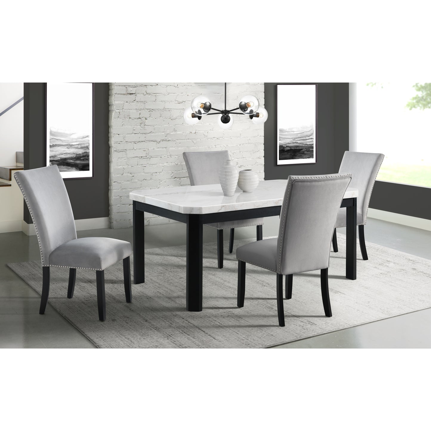 Francesca White Marble Rectangular 5PC Dining Set-Table & Four Grey Velvet Chairs