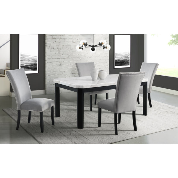 Francesca White Marble Rectangular 5PC Dining Set-Table & Four Grey Velvet Chairs