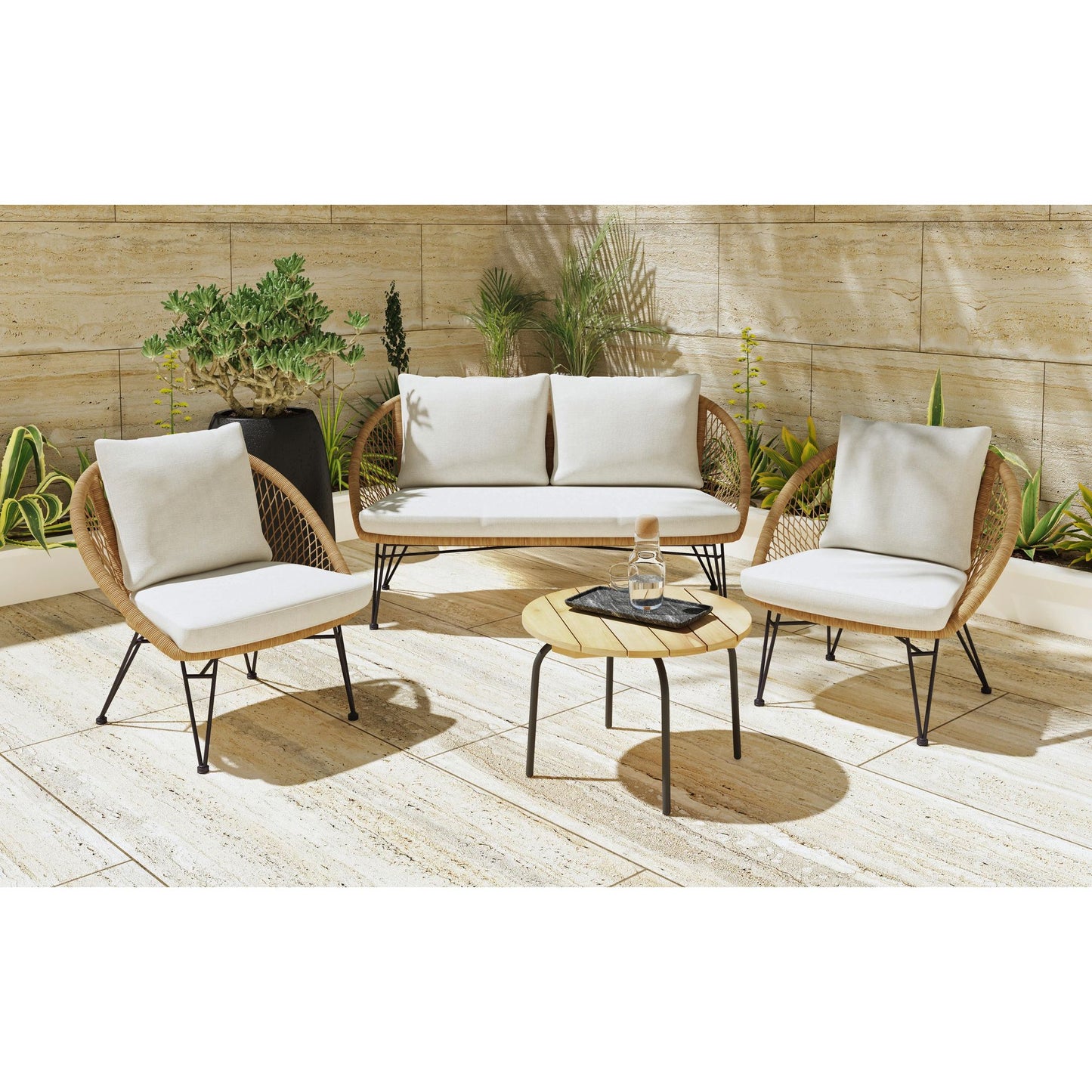 Grace Outdoor Seating 4PC Set - Black, Natural and Olefin Beige