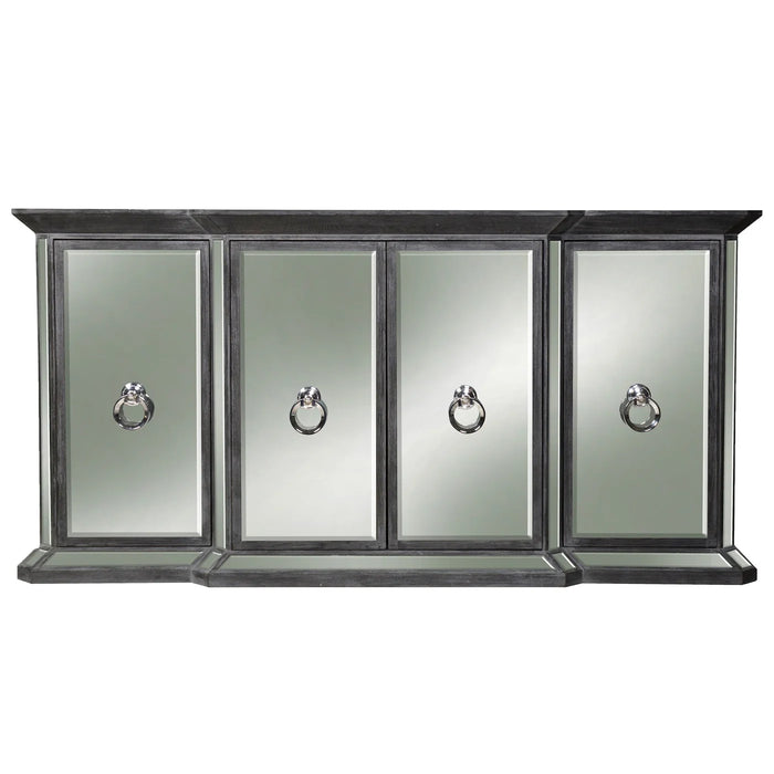 Crestmont Sideboard | Distressed Dark Gray Finish On Hardwood With Plain Finish Beveled Mirror