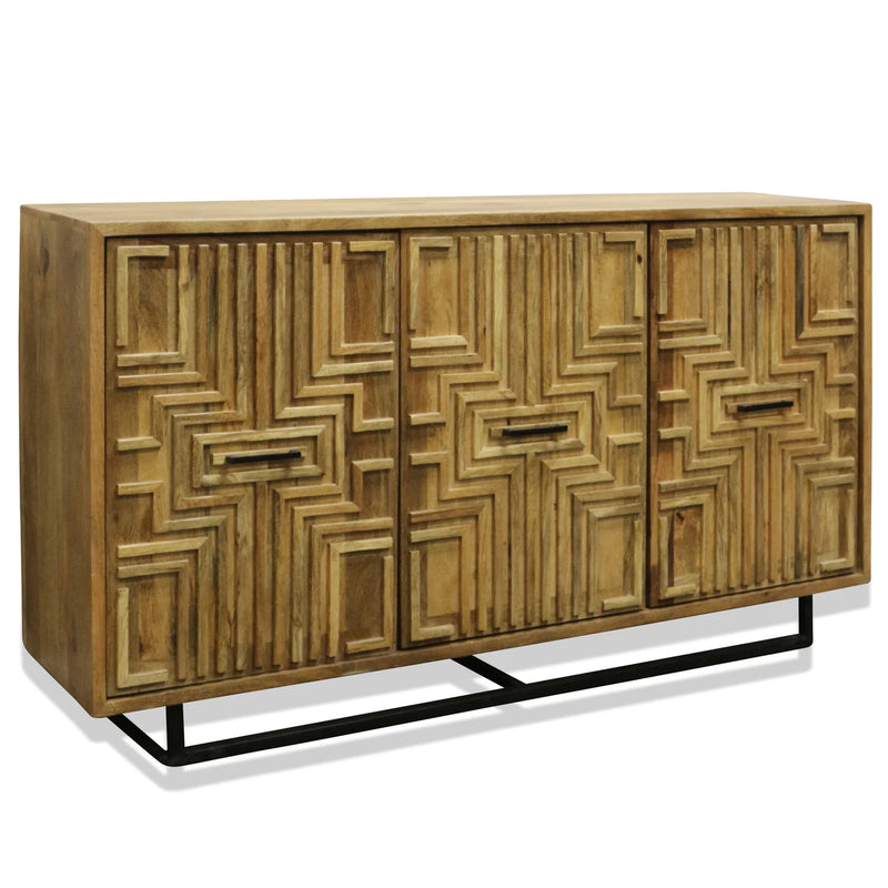 APARADOR DERMOTT | Acabado en nogal sobre madera de mango con base de metal negro | 3 puertas