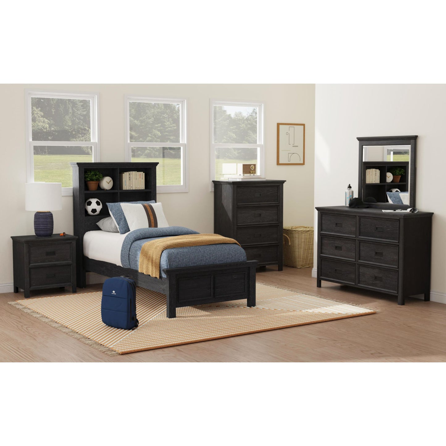 Hampton Kids Twin Bookcase 5PC Bedroom Set in Charcoal