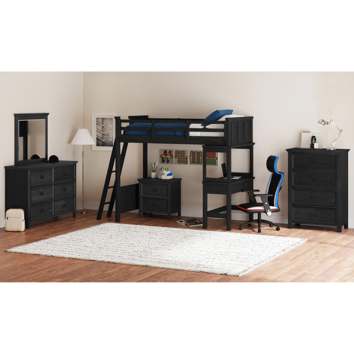 Hampton Kids Twin Loft with Ladder and Desk with Speaker 5PC Bedroom Set in Charcoal