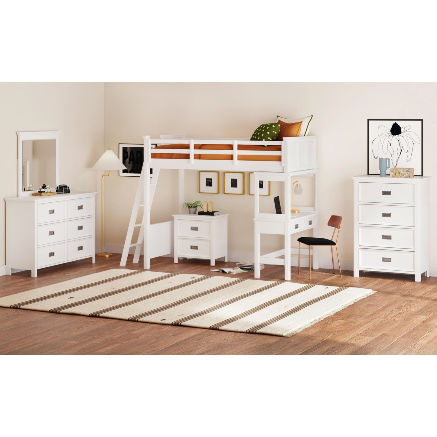 Hampton Kids Twin Loft with Ladder and Desk with Speaker in White