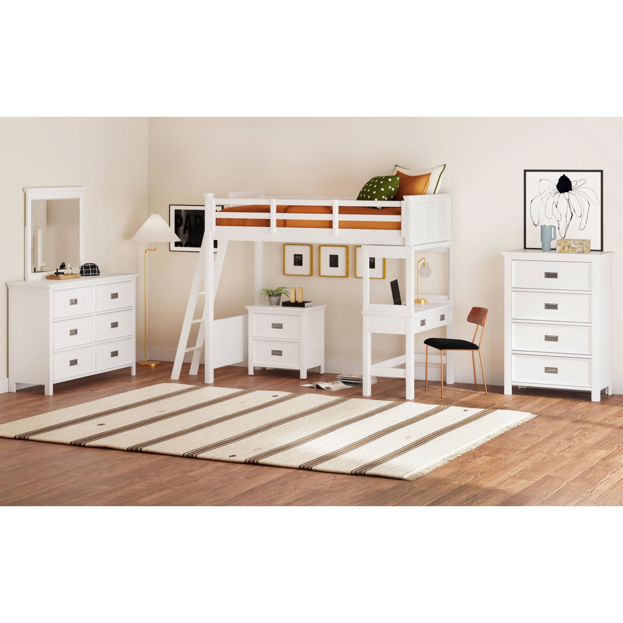 Hampton Kids Twin Loft with Ladder and Desk with Speaker 5PC Bedroom Set in White