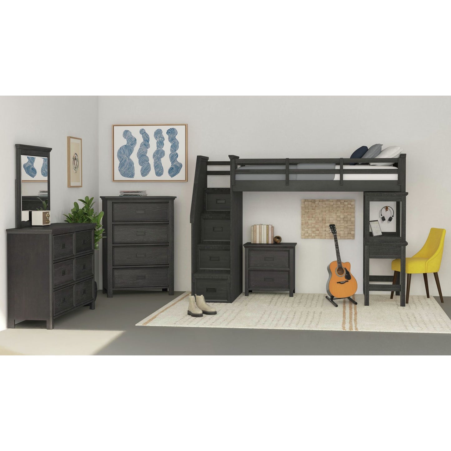 Hampton Kids Twin Loft with Staircase and Desk with Speaker 5PC Bedroom Set in Charcoal