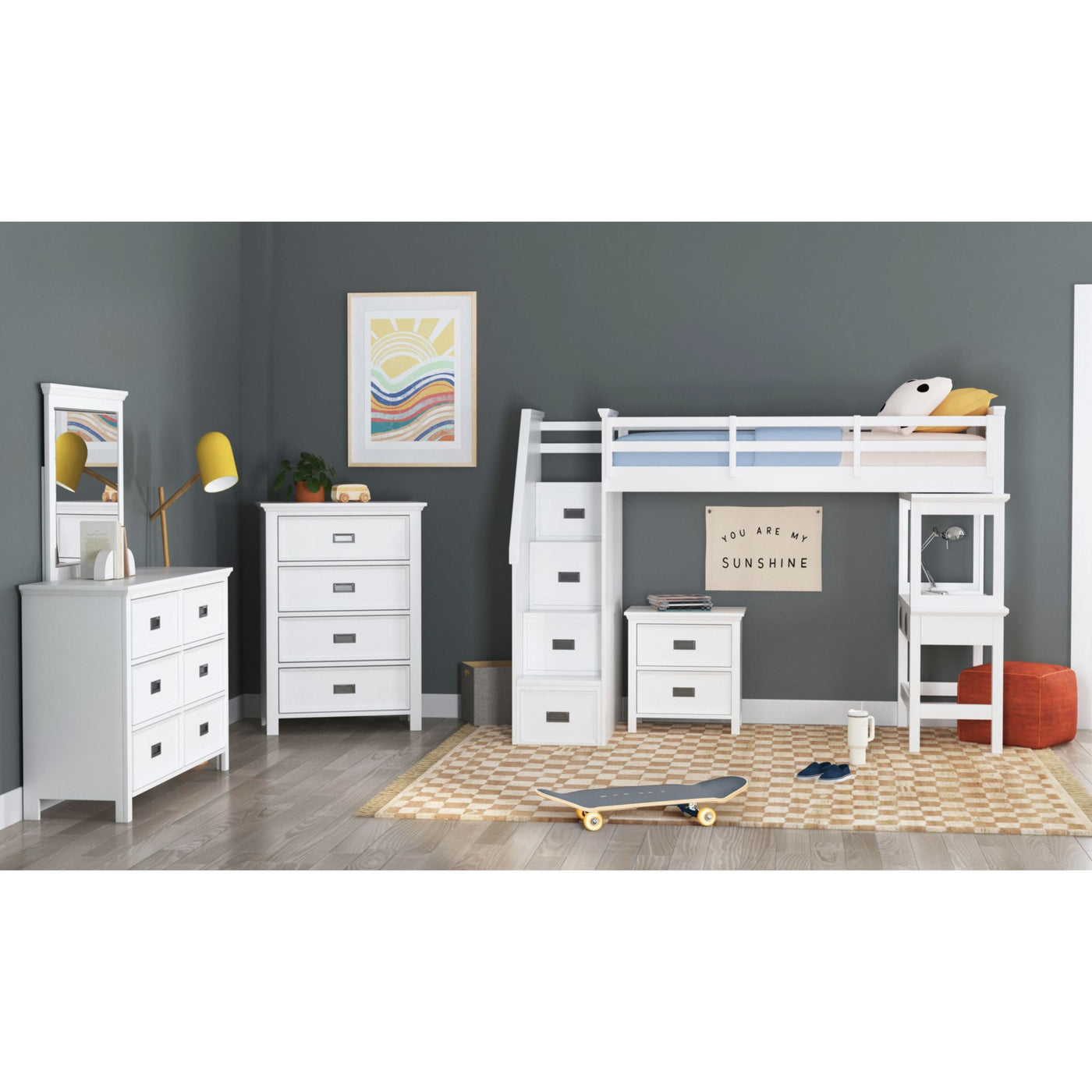 Hampton Kids Twin Loft with Staircase and Desk with Speaker 3PC Bedroom Set in White