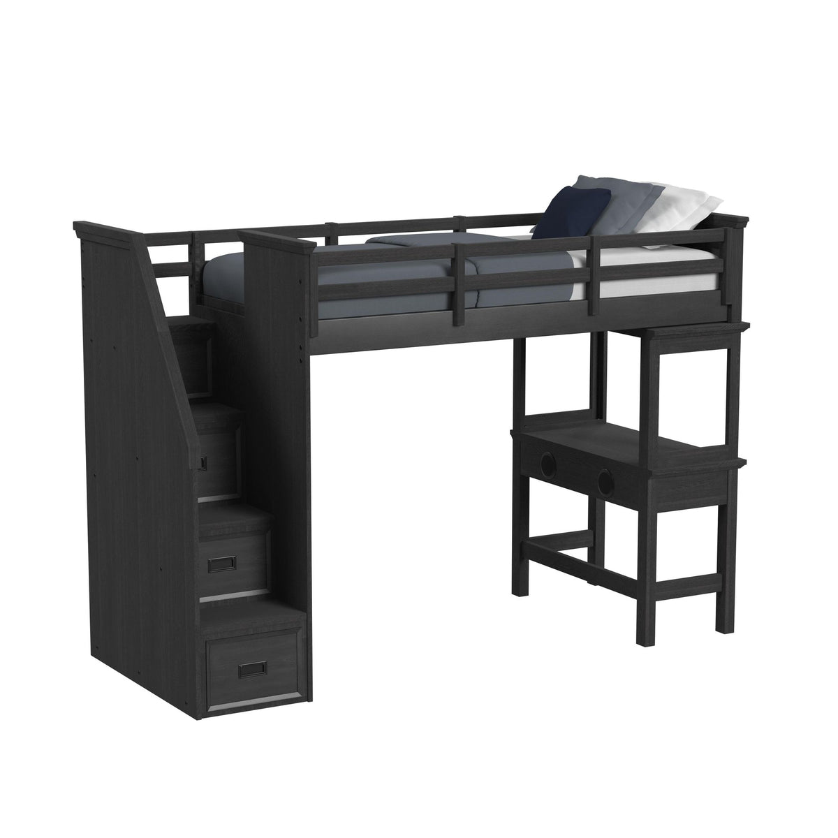 Hampton Kids Twin Loft With Staircase And Desk With Speaker 3Pc Bedroom Set In Charcoal