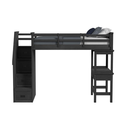 Hampton Kids Twin Loft with Staircase and Desk with Speaker in Charcoal