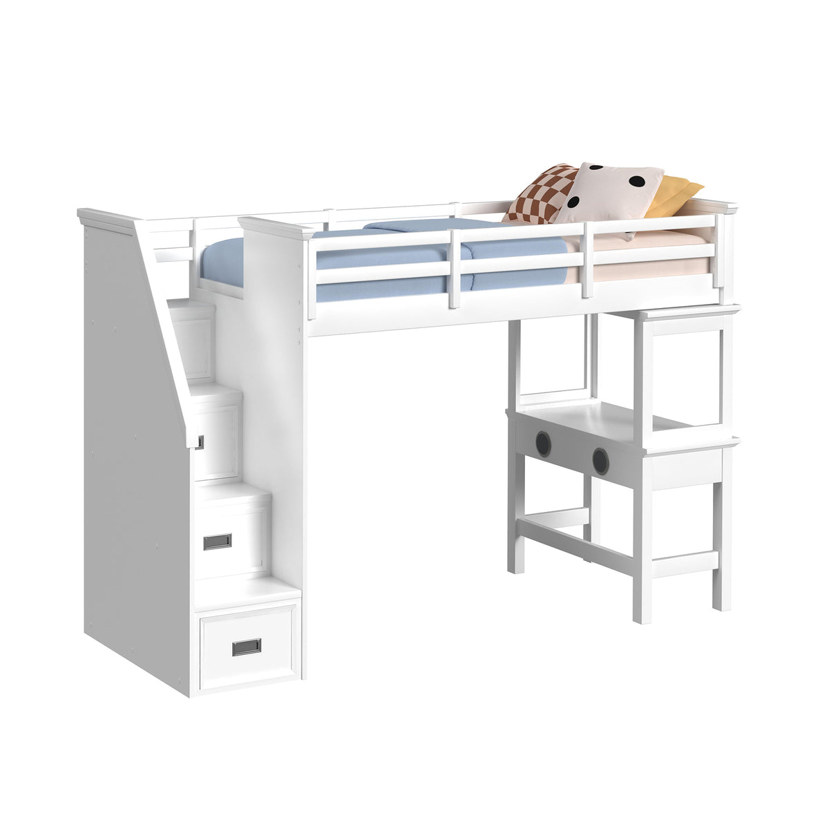 Hampton Kids Twin Loft With Staircase And Desk With Speaker 3Pc Bedroom Set In White