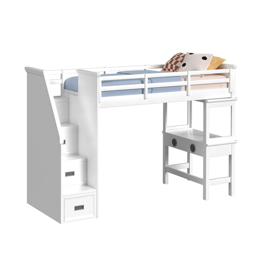 Hampton Kids Twin Loft with Staircase and Desk with Speaker 3PC Bedroom Set in White