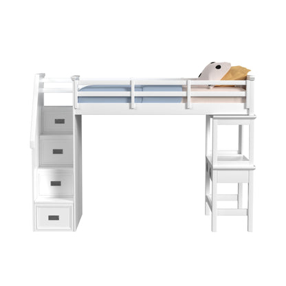 Hampton Kids Twin Loft with Staircase and Desk with Speaker in White