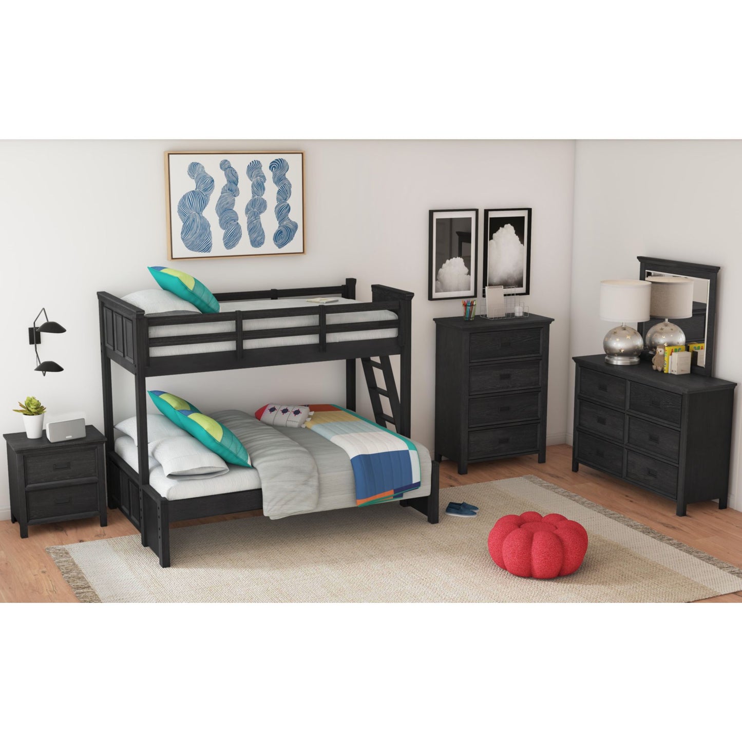 Hampton Kids Twin Over Full Bunk with Ladder 5PC Bedroom Set in Charcoal