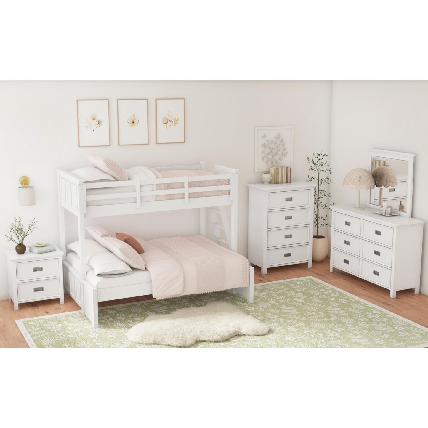 Hampton Kids Twin Over Full Bunk with Ladder 3PC Bedroom Set in White
