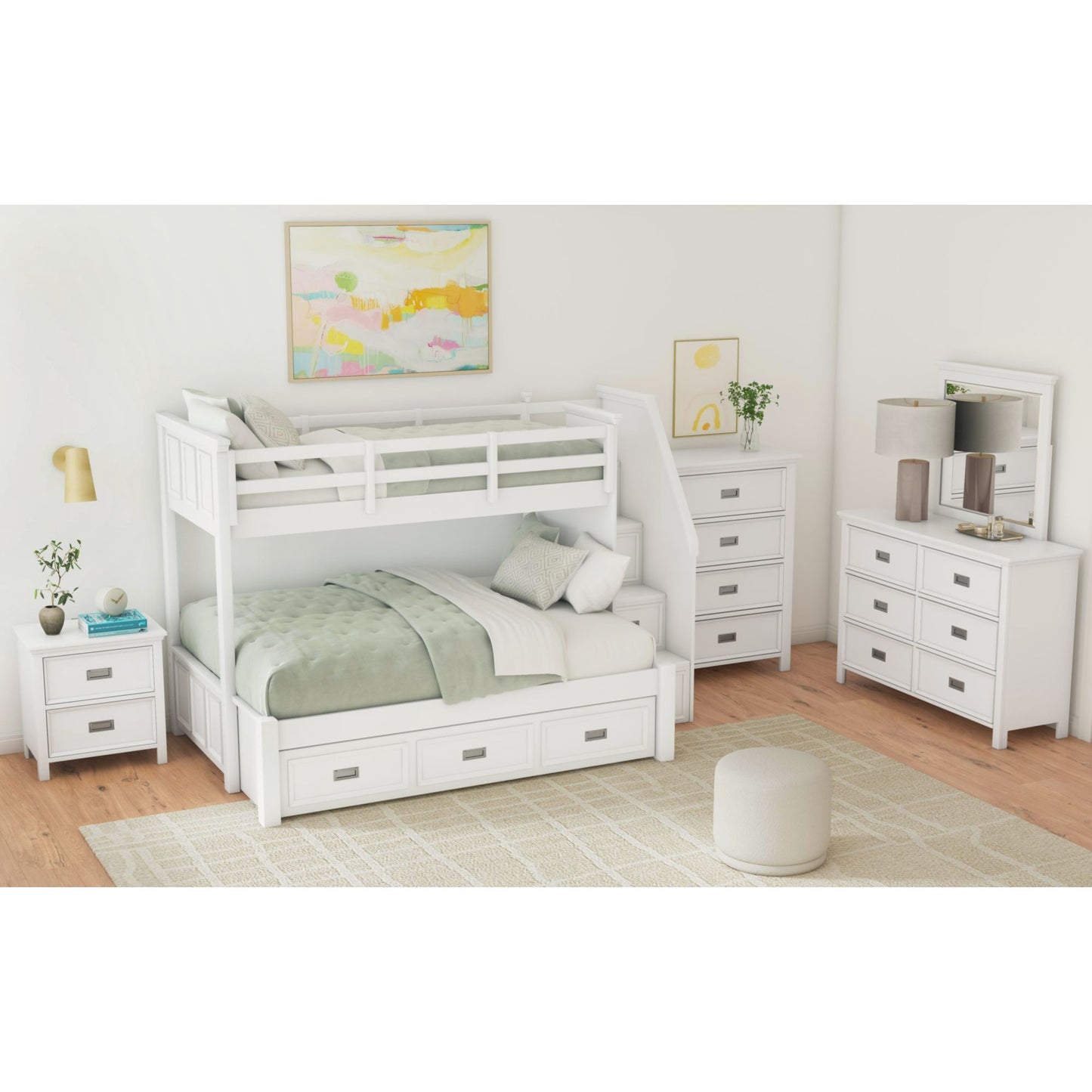Hampton Kids Twin Over Full Bunk with Staircase and Trundle in White
