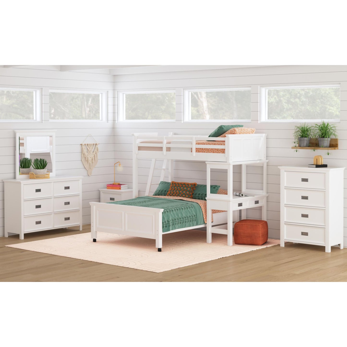 Hampton Kids Twin Over Full Loft with Ladder and Desk with Speaker 5PC Bedroom Set in White