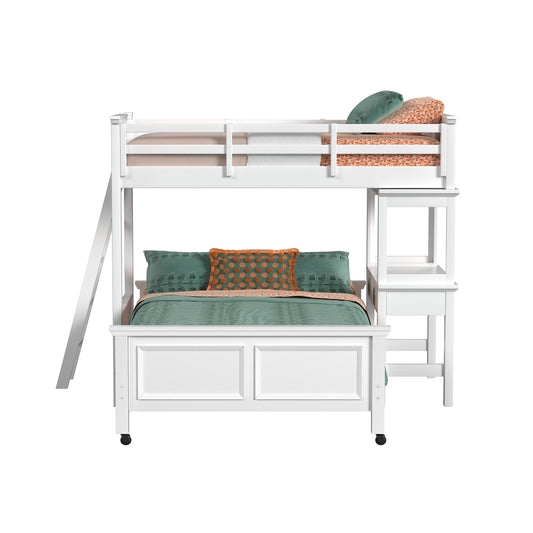 Hampton Kids Twin Over Full Loft with Ladder and Desk with Speaker in White