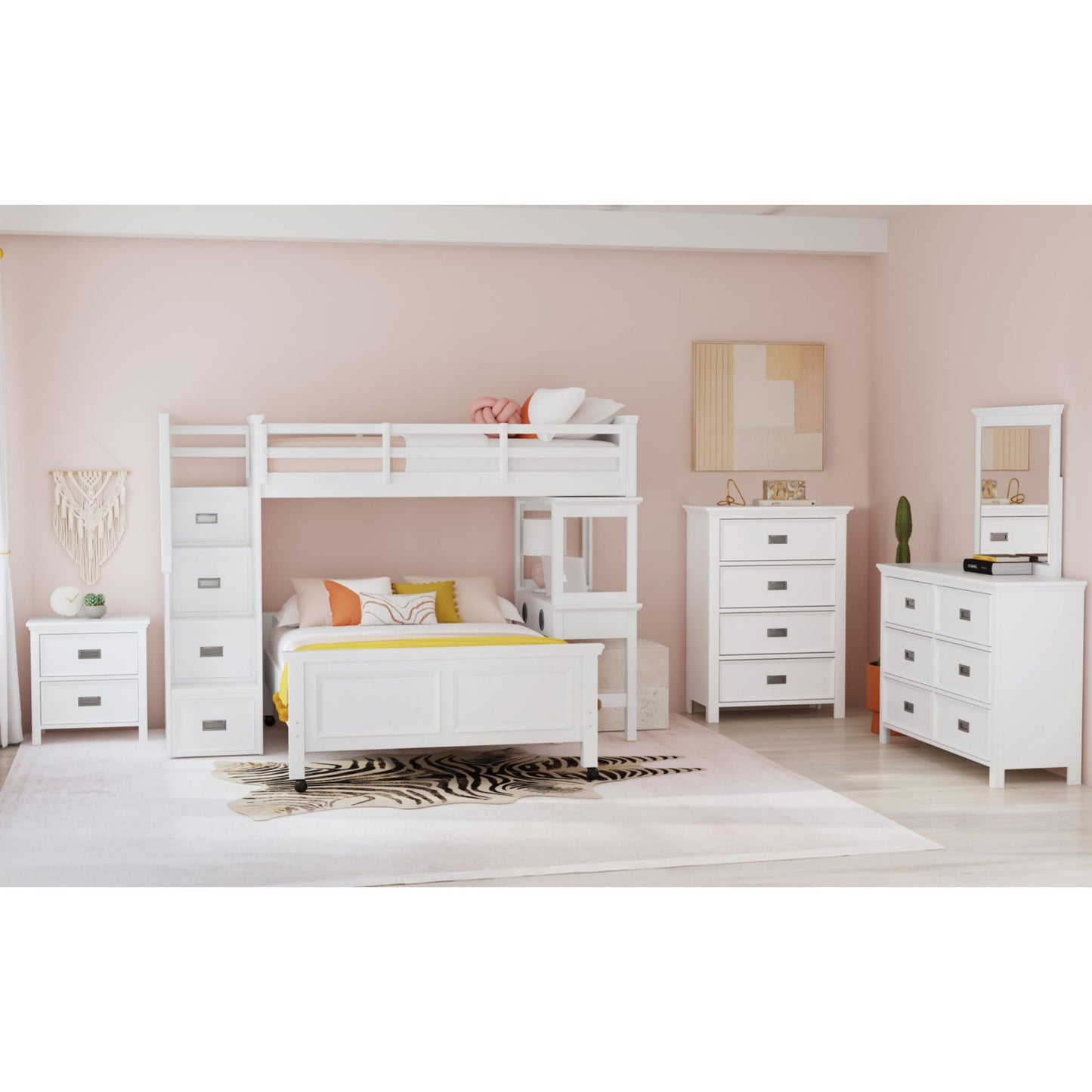 Hampton Kids Twin Over Full Loft with Staircase and Desk with Speaker 3PC Bedroom Set in White