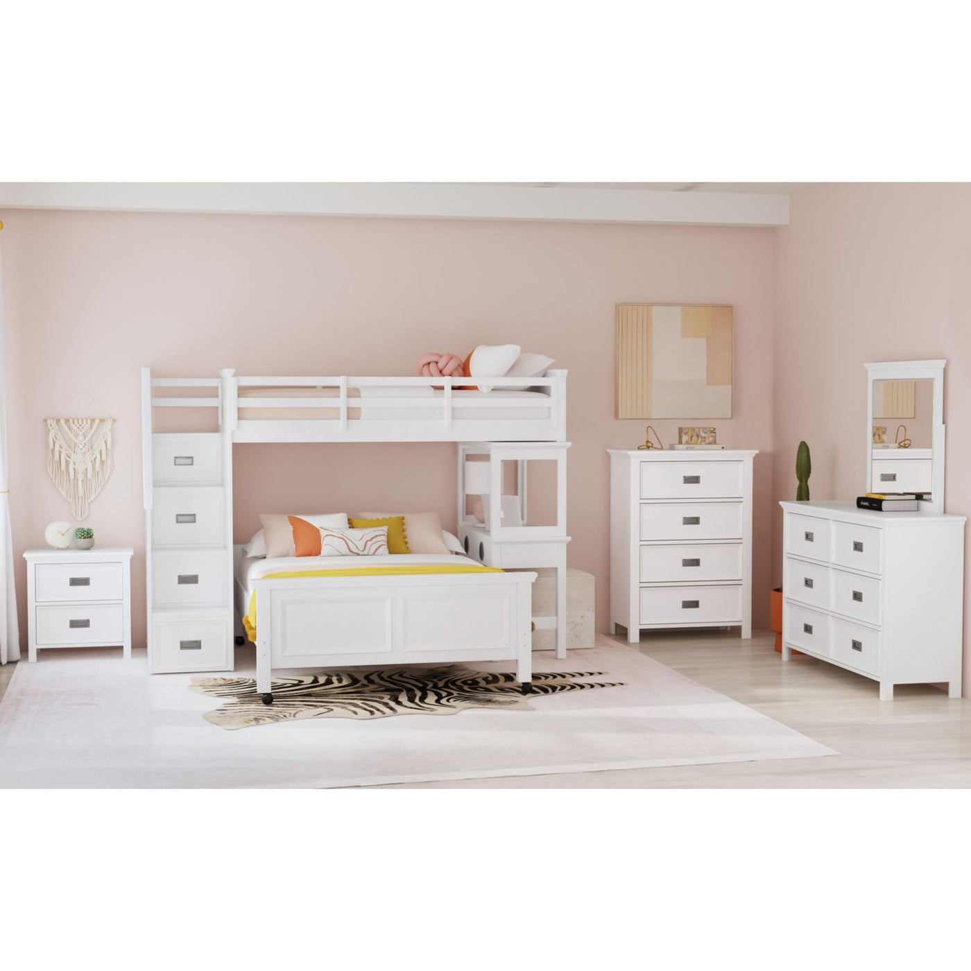 Hampton Kids Twin Over Full Loft with Staircase and Desk with Speaker in White