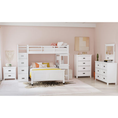 Hampton Kids Twin Over Full Loft with Staircase and Desk with Speaker 5PC Bedroom Set in White