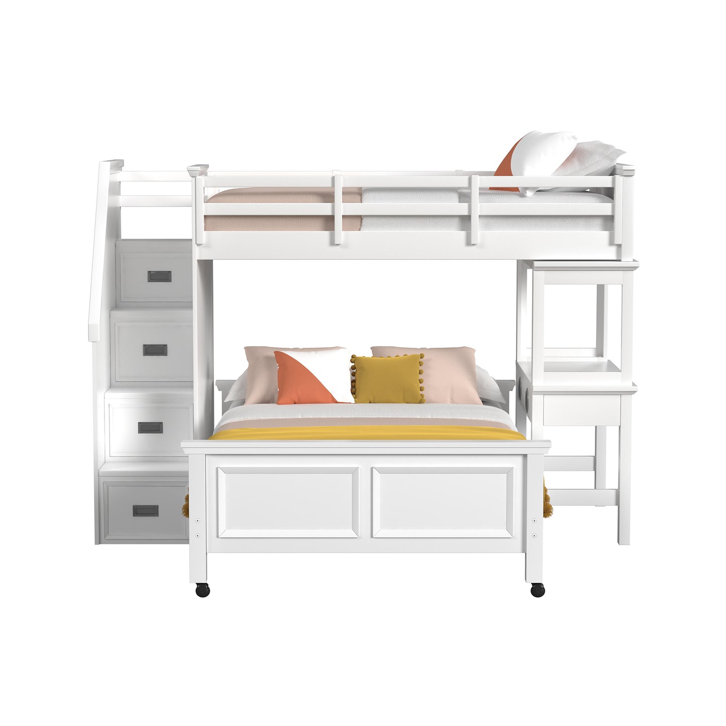 Hampton Kids Twin Over Full Loft with Staircase and Desk with Speaker in White