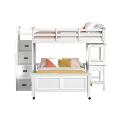 Hampton Kids Twin Over Full Loft with Staircase and Desk with Speaker in White