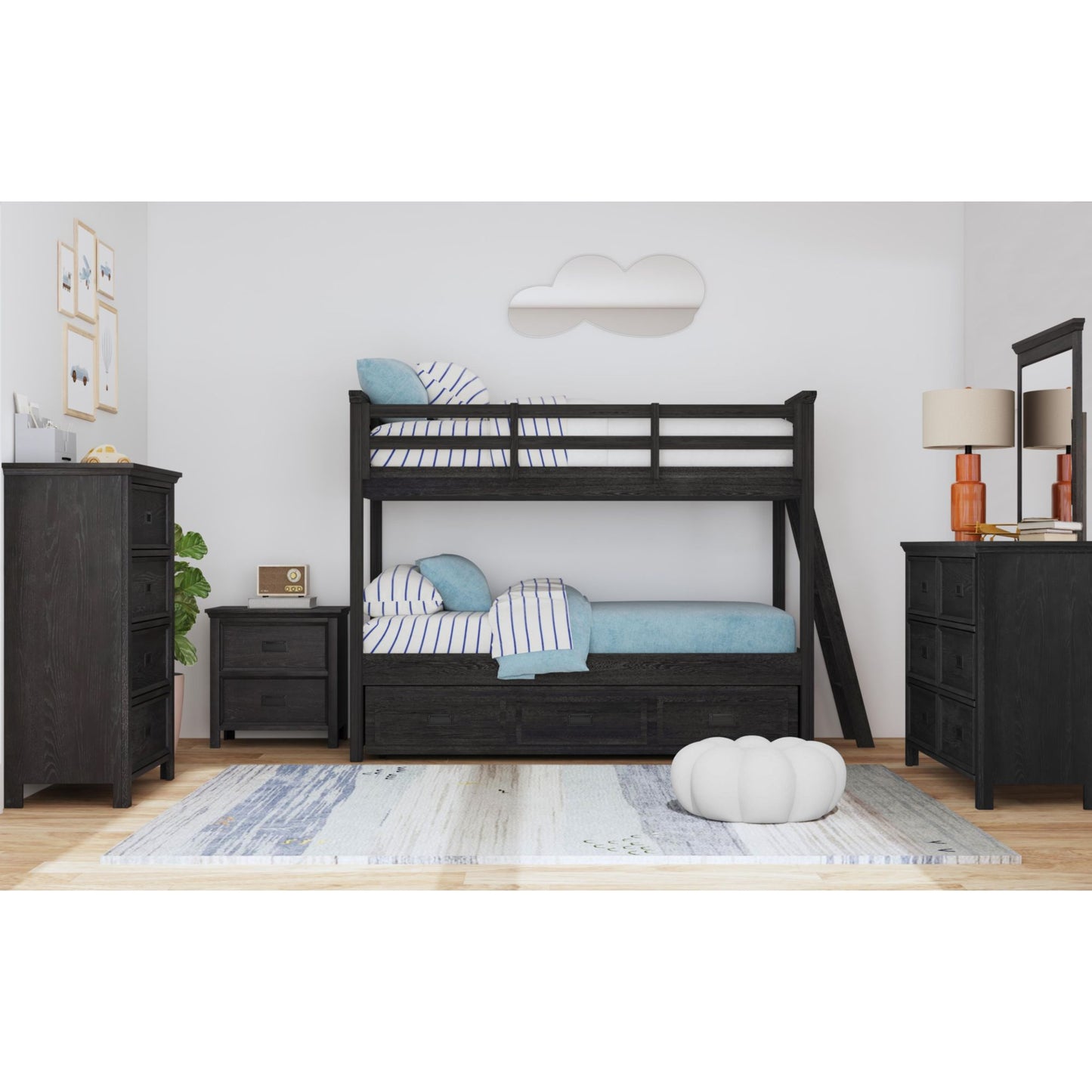 Hampton Kids Twin Over Twin Bunk with Ladder and Trundle in Charcoal