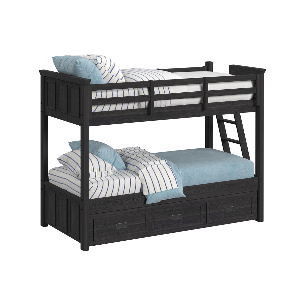 Hampton Kids Twin Over Twin Bunk With Ladder And Trundle 3Pc Bedroom Set In Charcoal