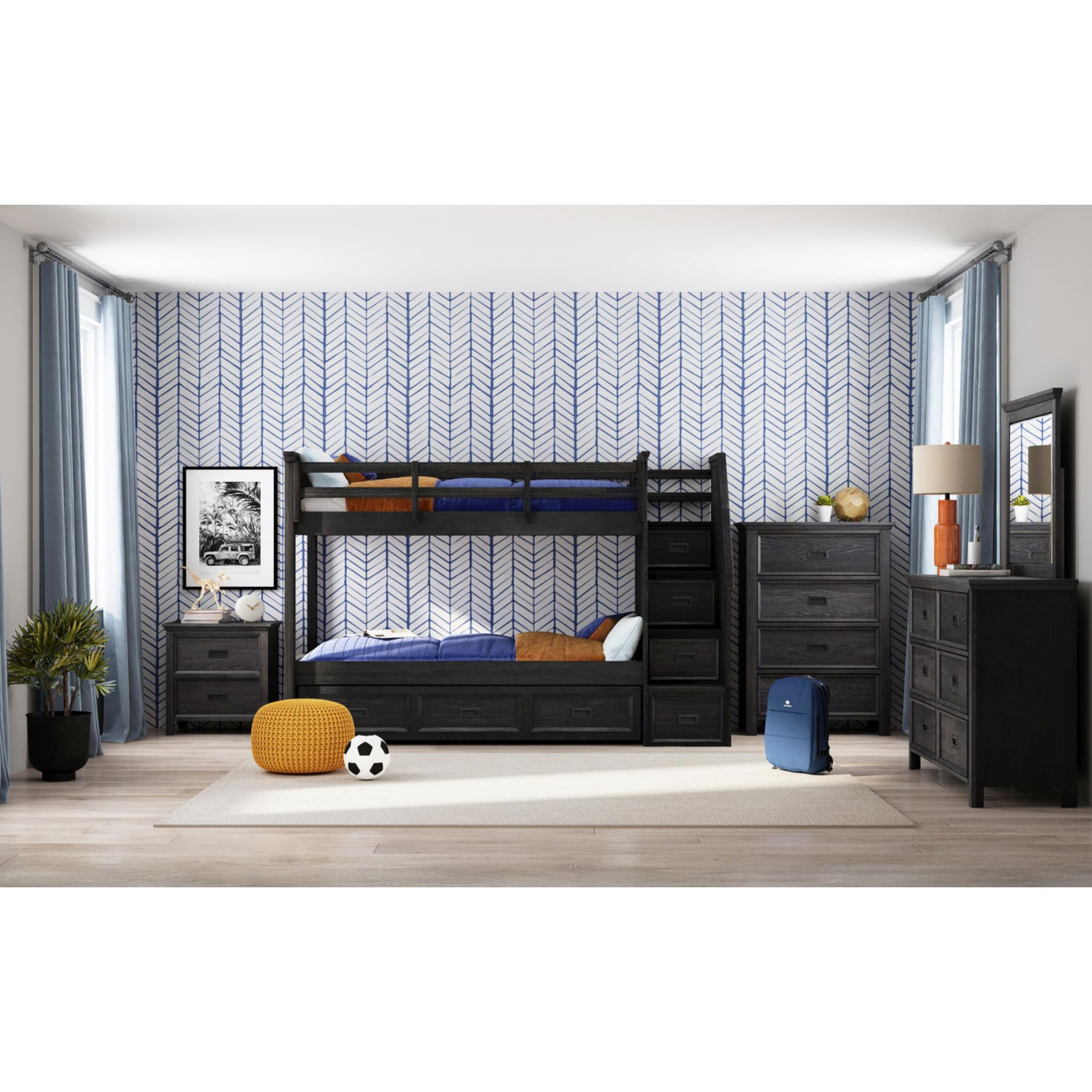 Hampton Kids Twin Over Twin Bunk with Staircase and Trundle 5PC Bedroom Set in Charcoal