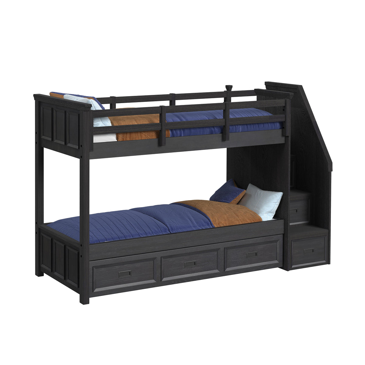 Hampton Kids Twin Over Twin Bunk With Staircase And Trundle 5Pc Bedroom Set In Charcoal