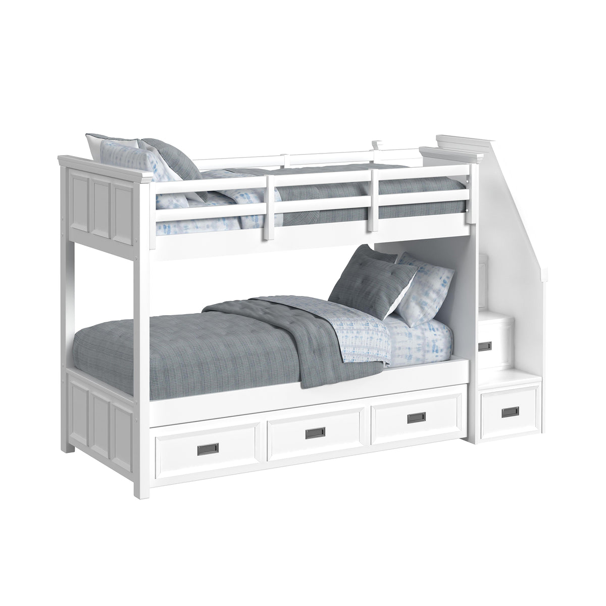 Hampton Kids Twin Over Twin Bunk With Staircase And Trundle 3Pc Bedroom Set In White