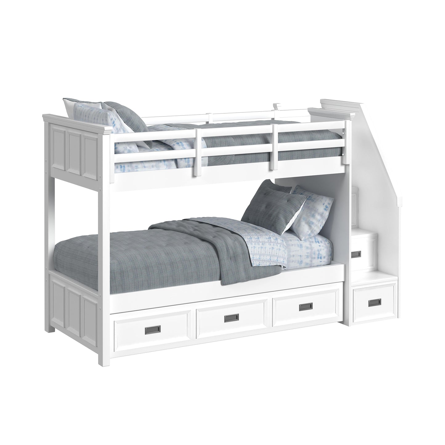 Hampton Kids Twin Over Twin Bunk with Staircase and Trundle 3PC Bedroom Set in White