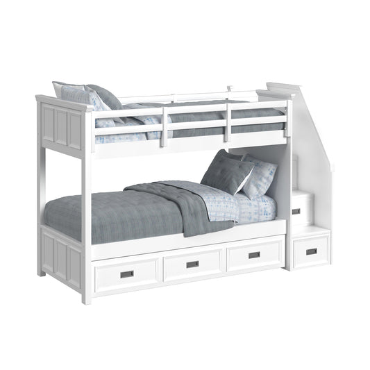 Hampton Kids Twin Over Twin Bunk with Staircase and Trundle 3PC Bedroom Set in White