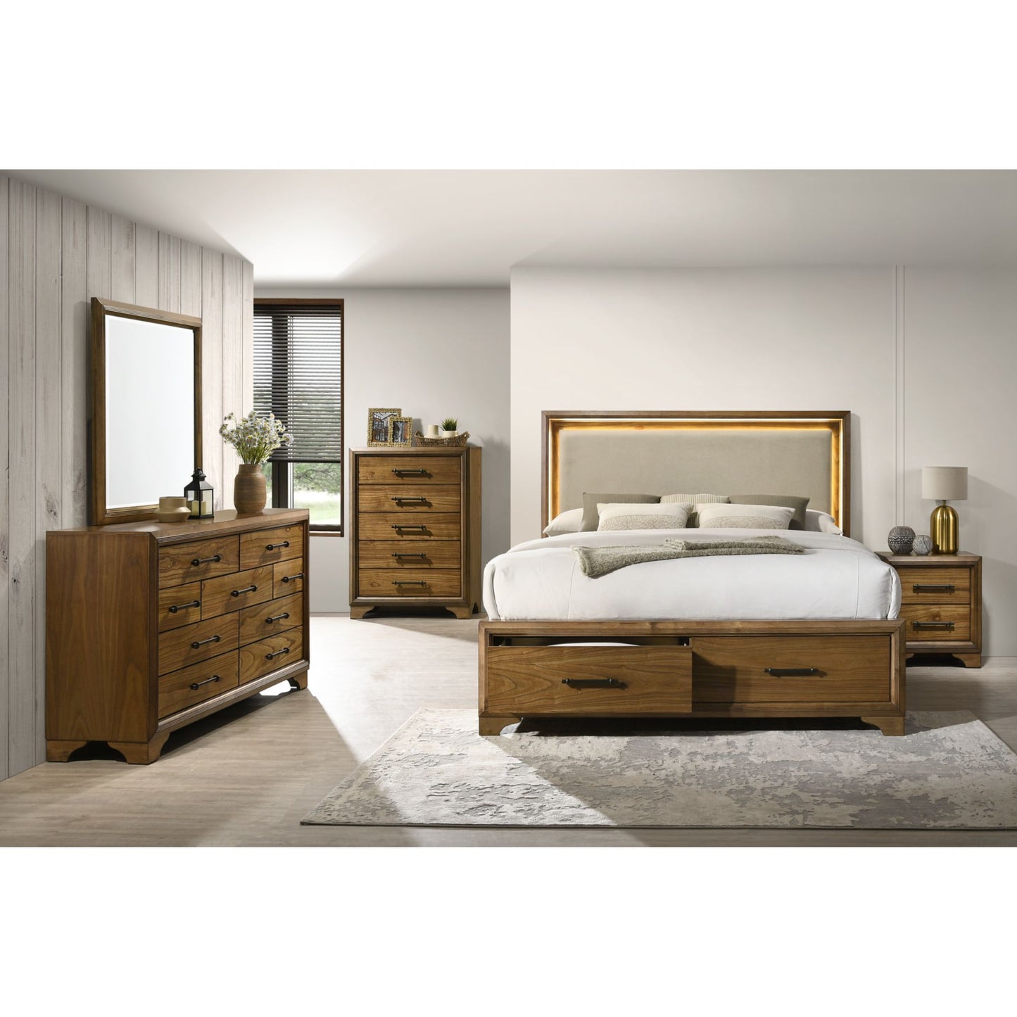 Harmony King UPH Storage 5PC Bedroom Set with LED and Beige Fabric in Walnut