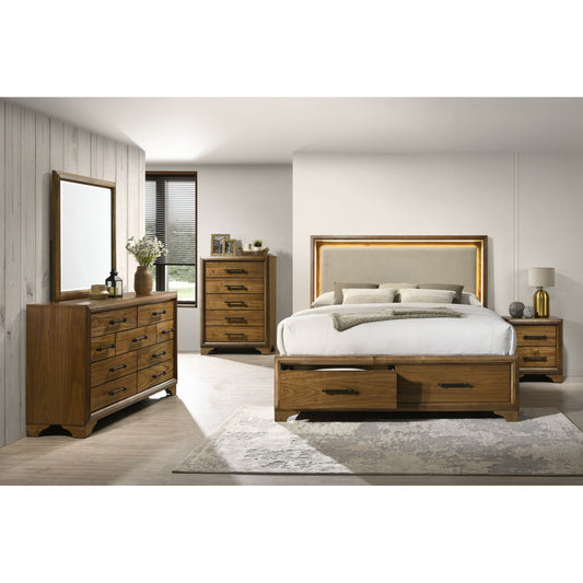 Harmony King UPH Storage 5PC Bedroom Set with LED and Beige Fabric in Walnut