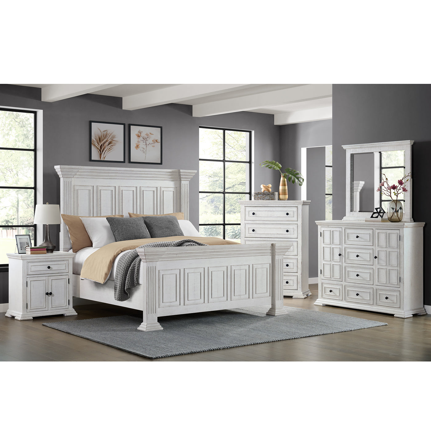 Heather King Panel Bed in Rustic White