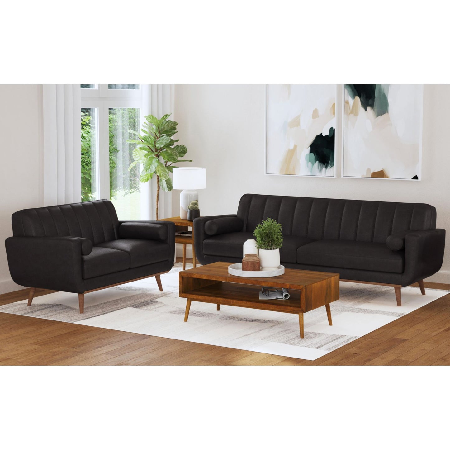Horizon Sofa with Wood Front and 2 6" bolster Pillows in Pebble Dark Grey